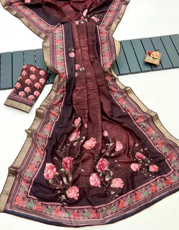 Party Wear Brown Cotton Saree With Designer Blouse