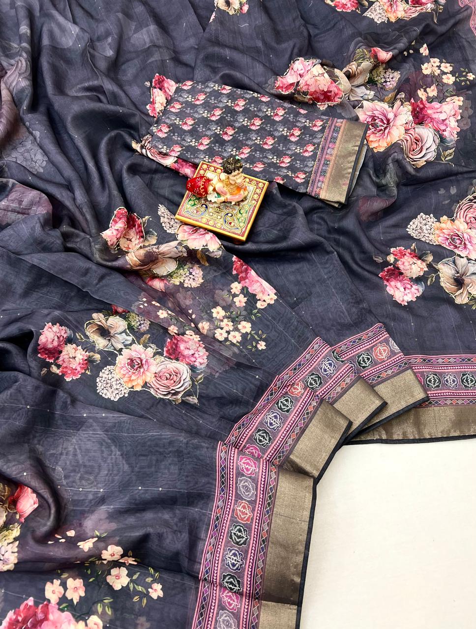 Floral grey cotton saree