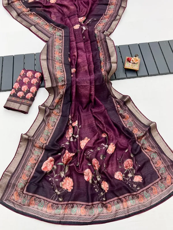 Soft Cotton Wine Digital Print Saree With Work
