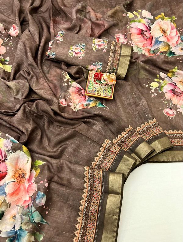 Designer Brown Cotton Digital Print Saree With Blouse