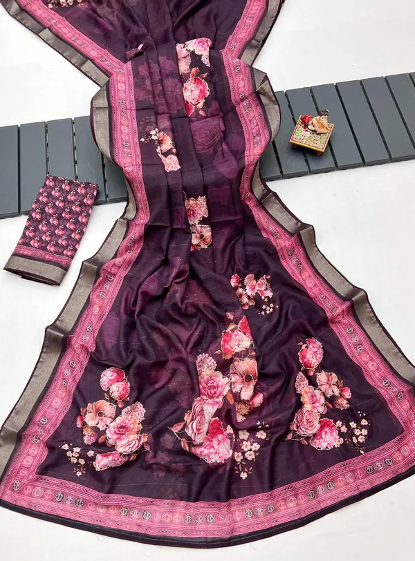 Plum Floral Cotton Saree With CutDana Work Blouse