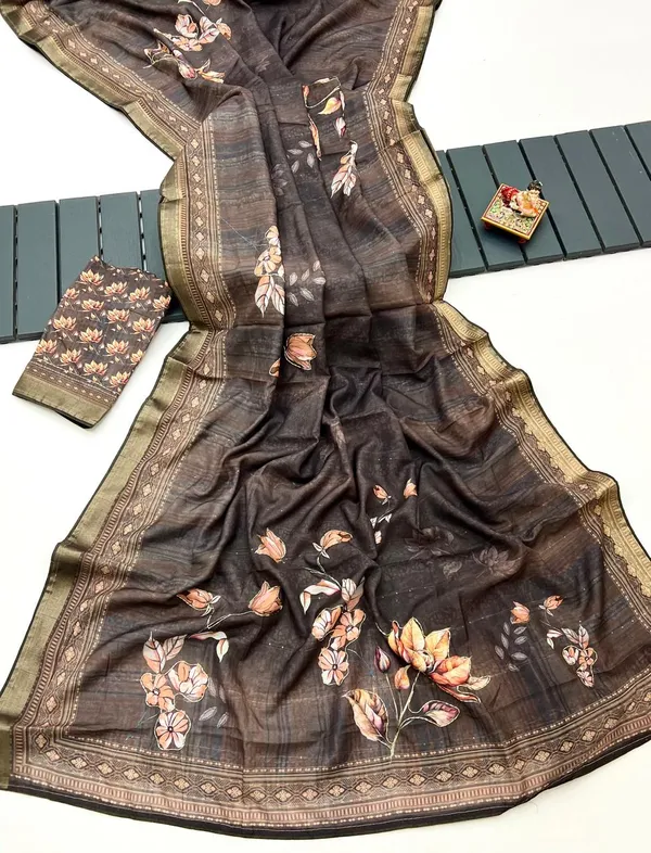 Soft Cotton Brown Digital Print Saree With Work