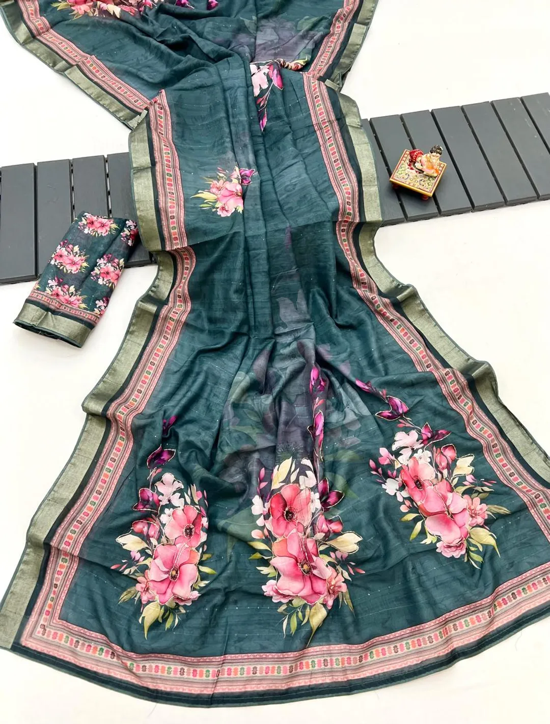 Teal Green Cotton Digital Print Saree With Work Blouse