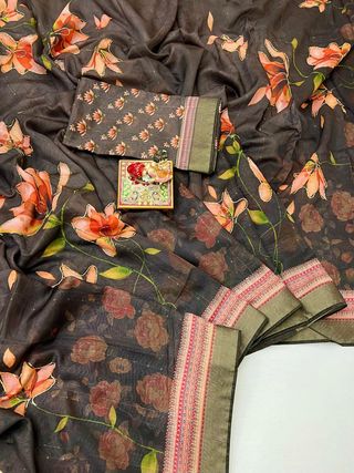 Floral Olive Cotton Saree With Work Blouse