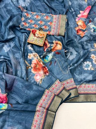 Stylish Blue Floral Cotton Saree With Designer Blouse