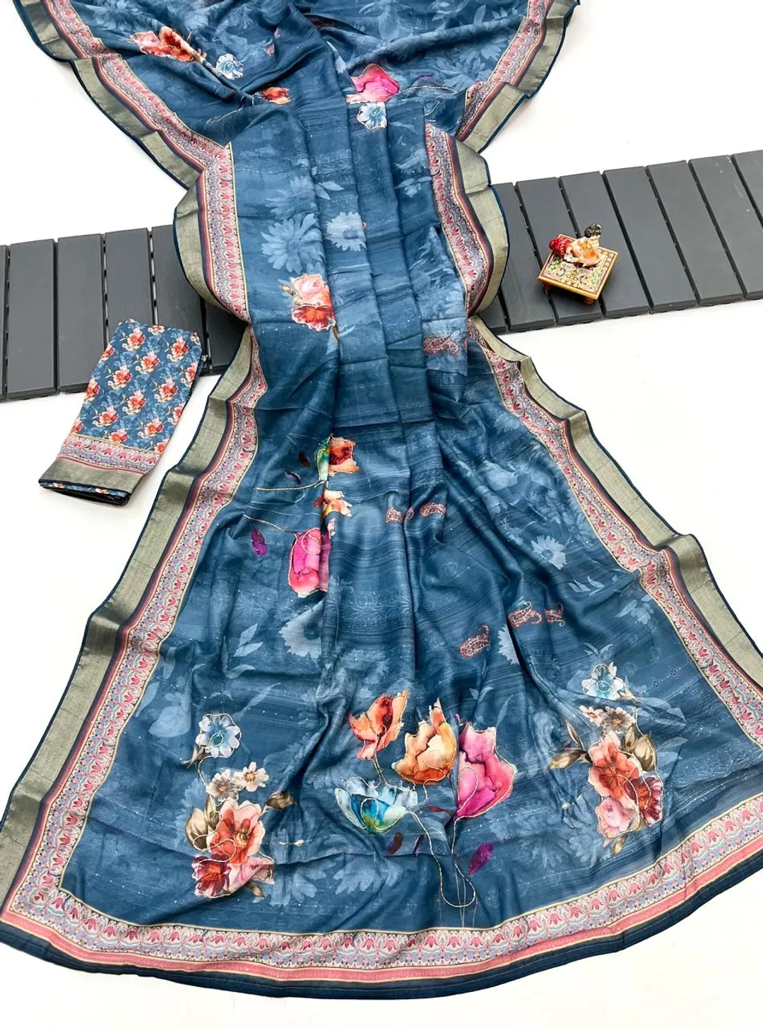Stylish Blue Floral Cotton Saree With Designer Blouse