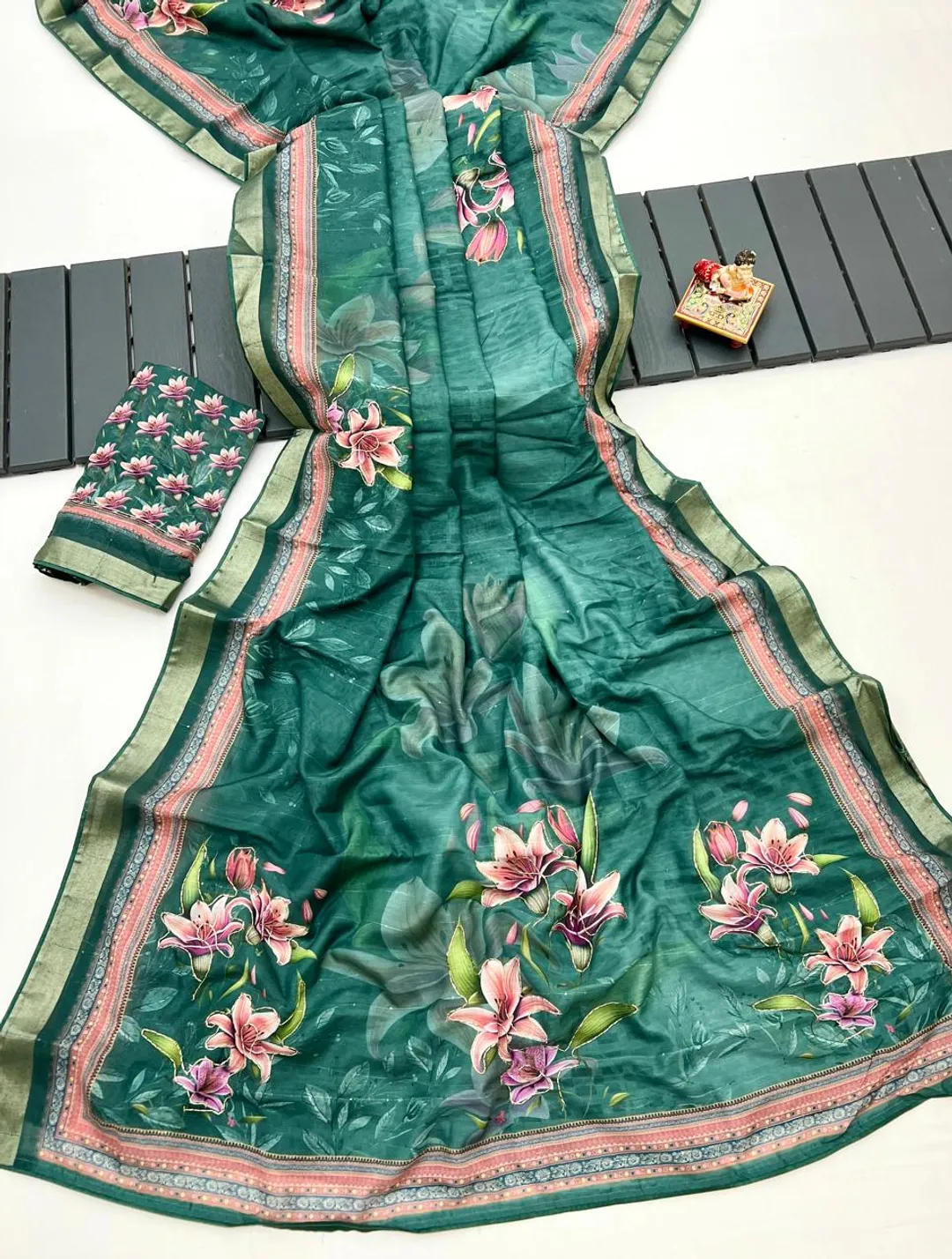 Designer Emerald Green Floral Cotton Digital Print Saree