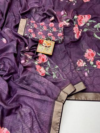 Wine Purple Cotton Digital Print Saree With Work Blouse