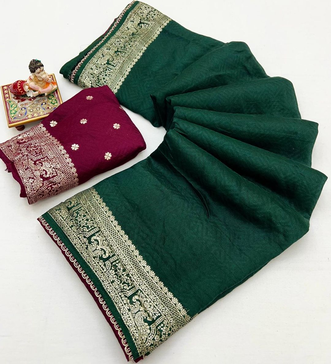 Bottle Green Maslin Silk Zari Woven Saree With Rich Pallu