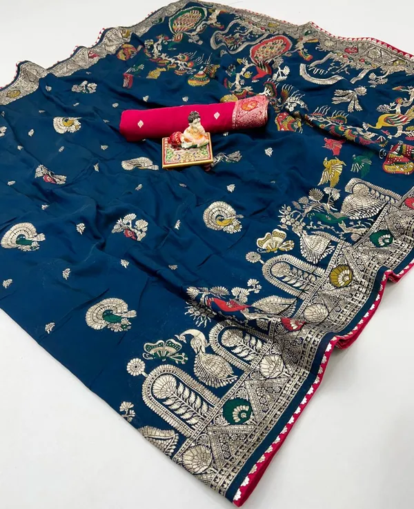 Designer Teal Blue Maslin Silk Saree With Woven Blouse