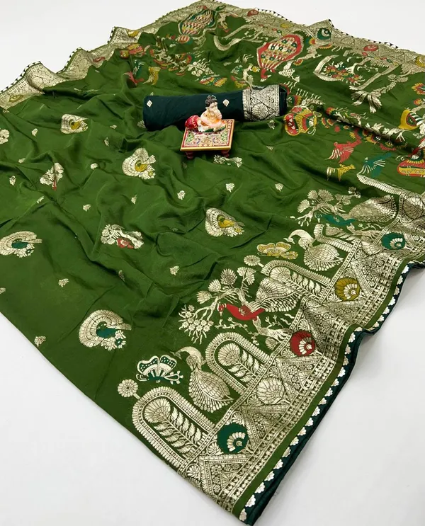 Wedding Wear Olive Green Maslin Silk Saree With Pallu