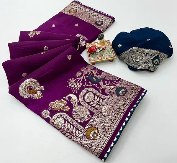 Wine Gold Zari Maslin Silk Saree With Designer Pallu