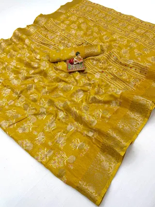 Elegant Mustard Dola Butti Silk Saree With Blouse