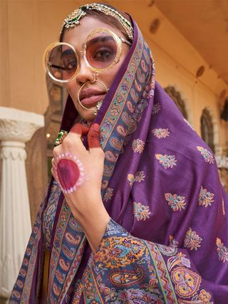 Purple Silk Blend Zari Woven Saree With Brocade Blouse