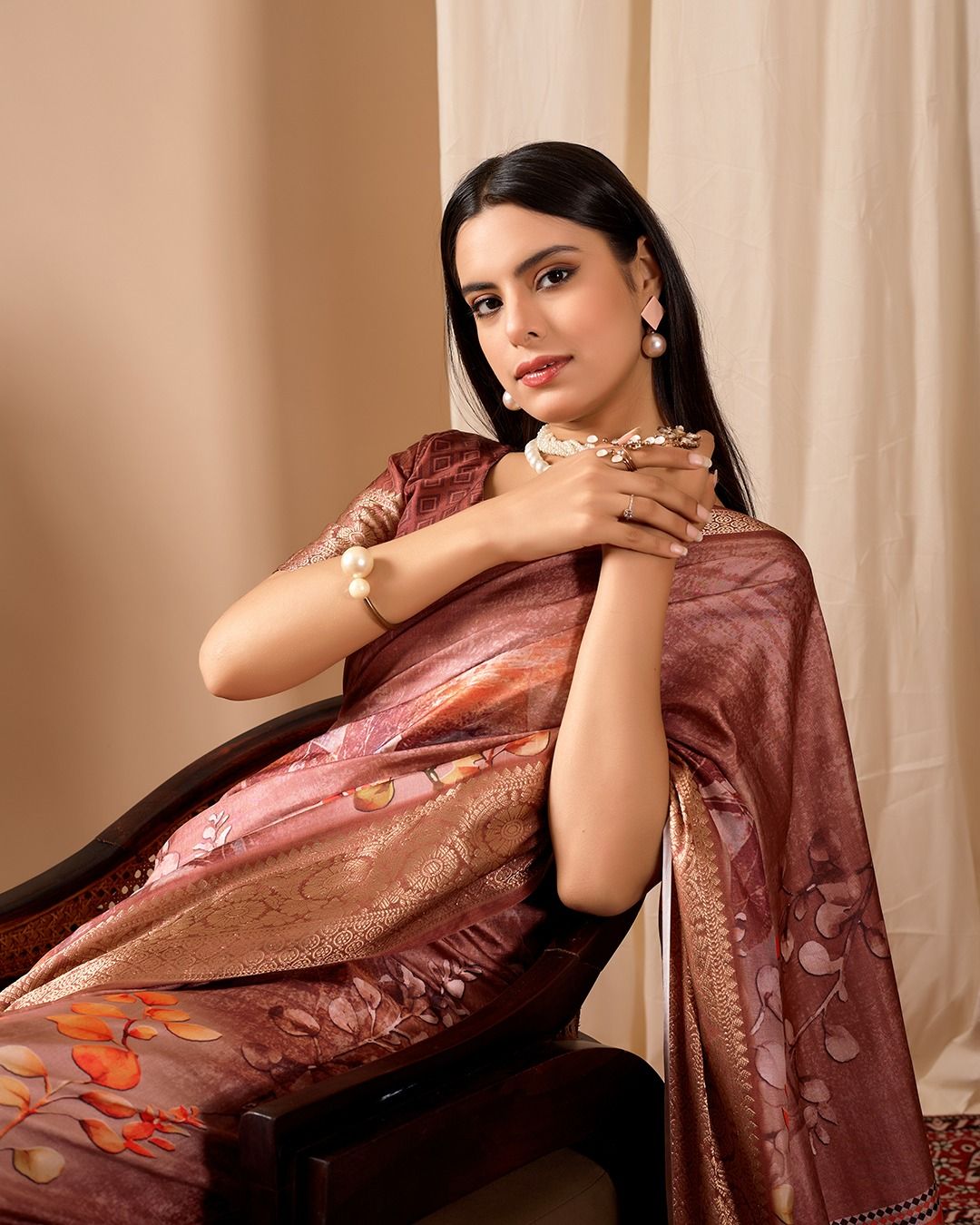 Brown Digital Printed Linen Cotton Patola Saree Online