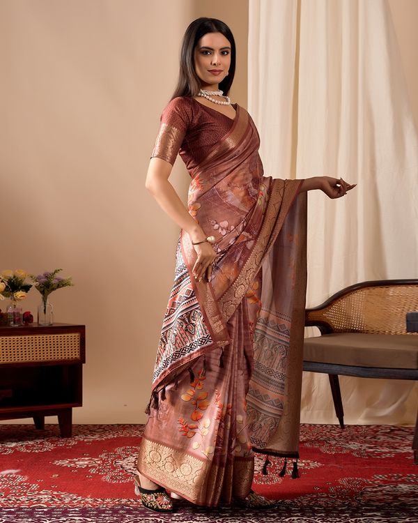 Brown Digital Printed Linen Cotton Patola Saree Online