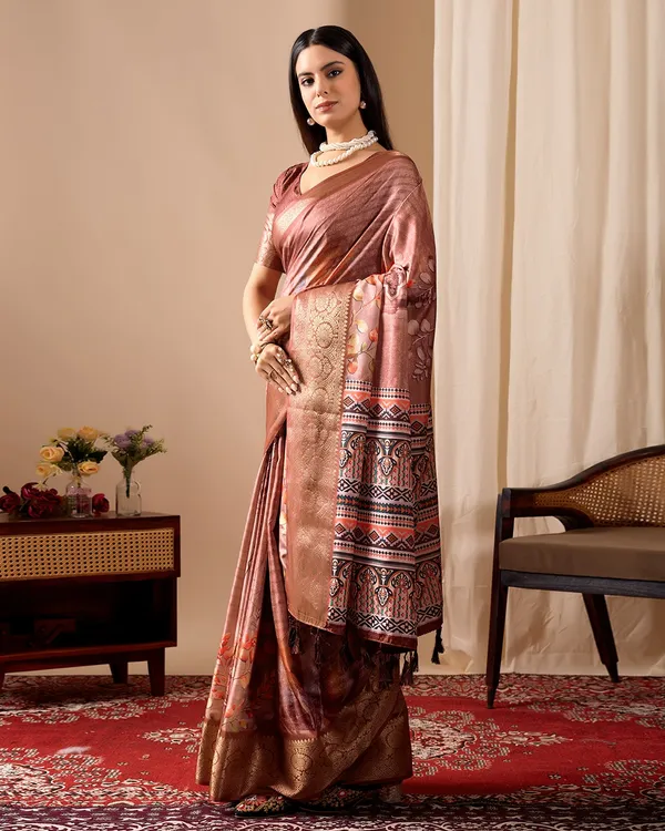 Brown Digital Printed Linen Cotton Patola Saree Online