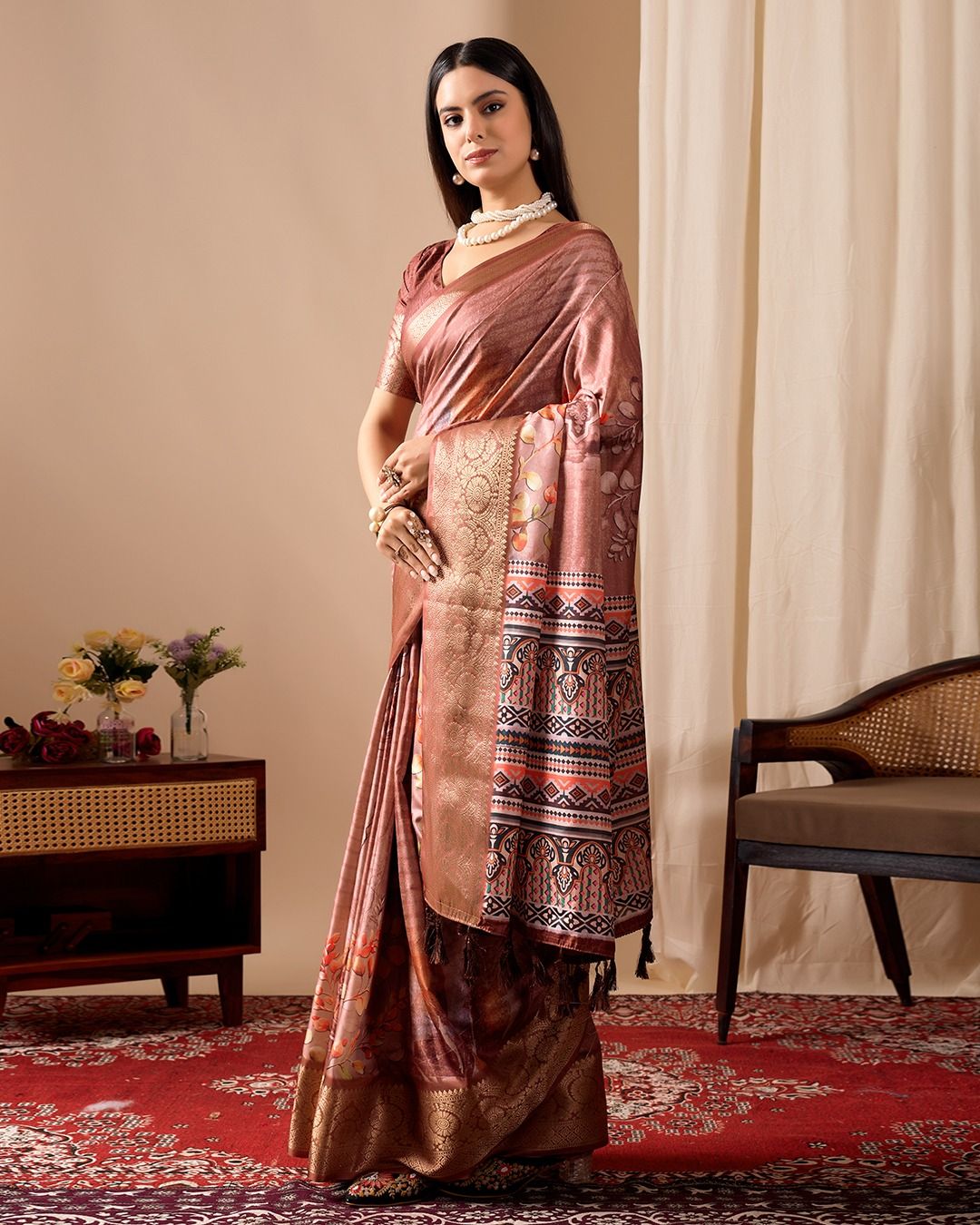 Brown Digital Printed Linen Cotton Patola Saree Online