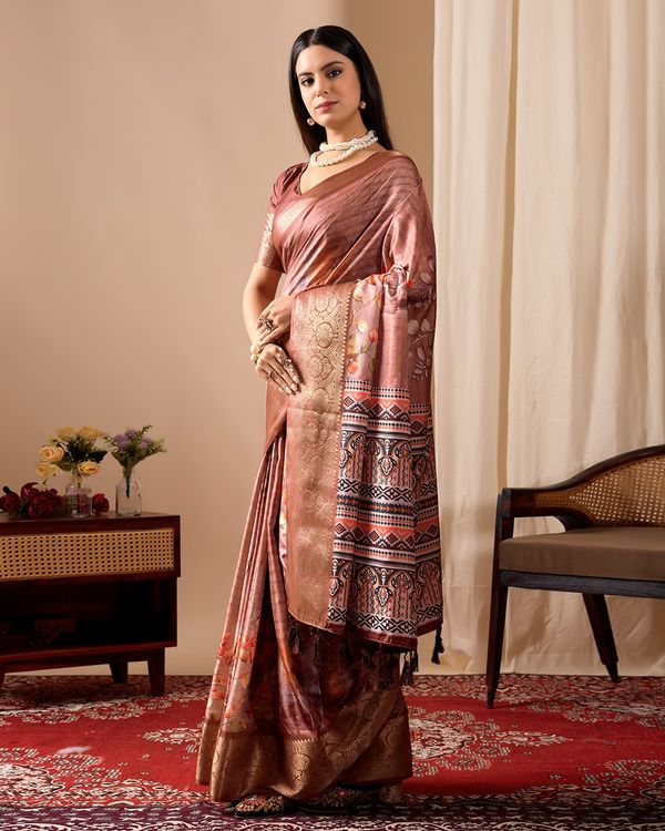 Brown Digital Printed Linen Cotton Patola Saree Online