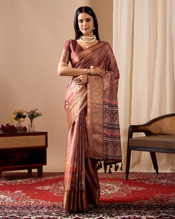 Brown Digital Printed Linen Cotton Patola Saree Online