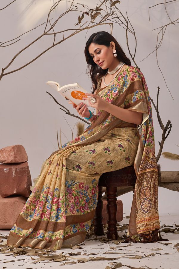 Golden Bloom Designer Printed Linen Cotton Saree With Blouse