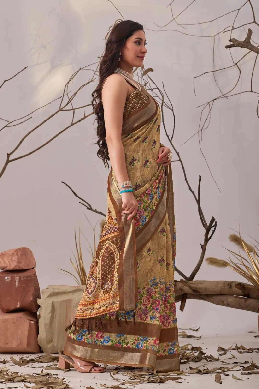 Golden Bloom Designer Printed Linen Cotton Saree With Blouse