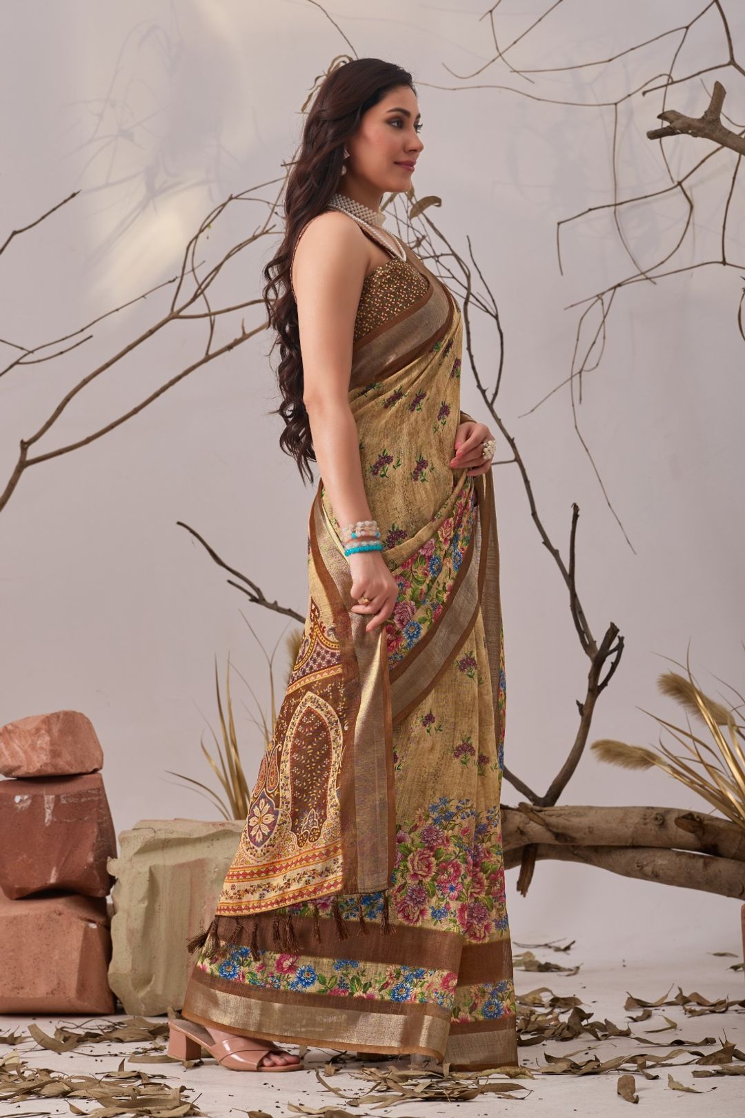 Golden Bloom Designer Printed Linen Cotton Saree With Blouse