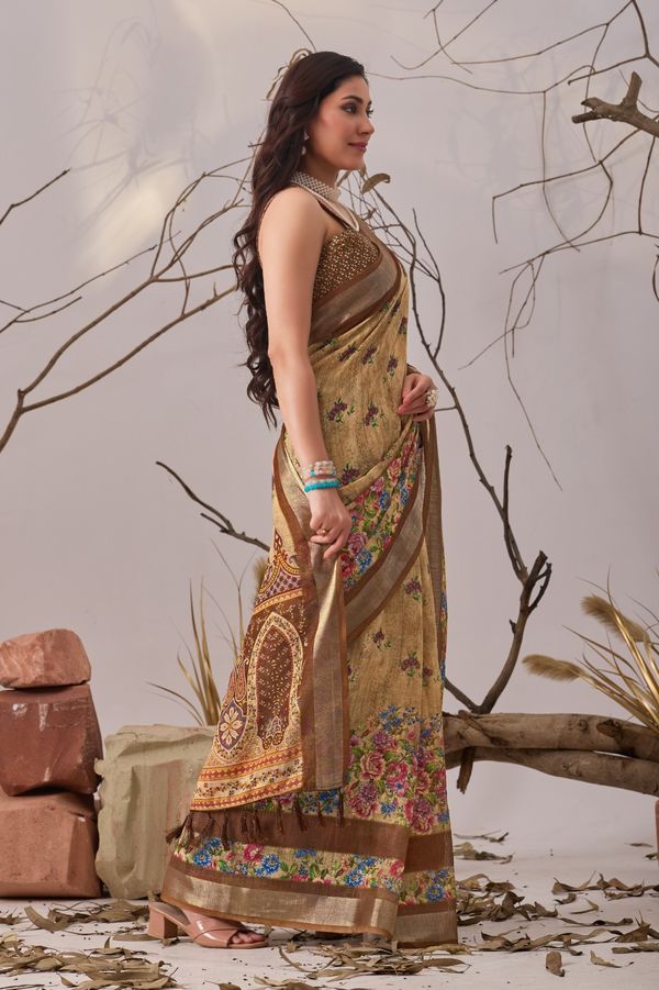 Golden Bloom Designer Printed Linen Cotton Saree With Blouse