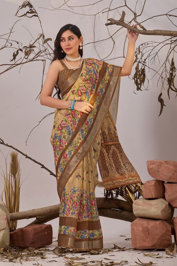 Golden Bloom Designer Printed Linen Cotton Saree With Blouse