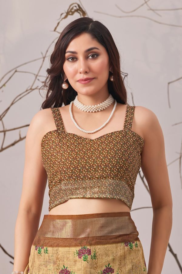 Golden Bloom Designer Printed Linen Cotton Saree With Blouse