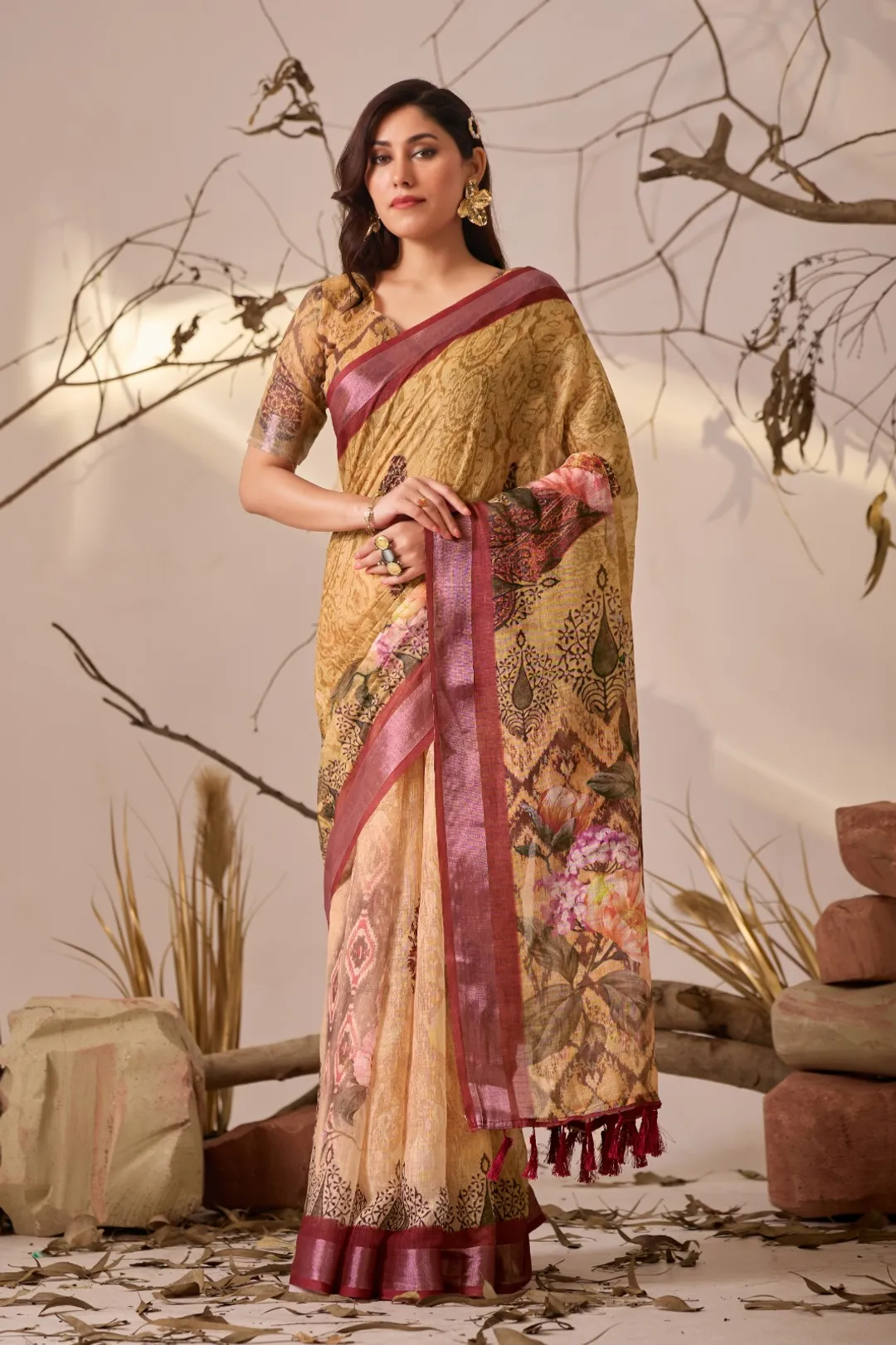 Mustard Floral Printed Linen Cotton Saree With Blouse