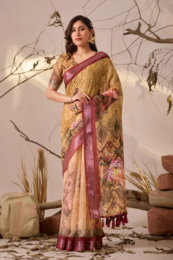 Mustard Floral Printed Linen Cotton Saree With Blouse