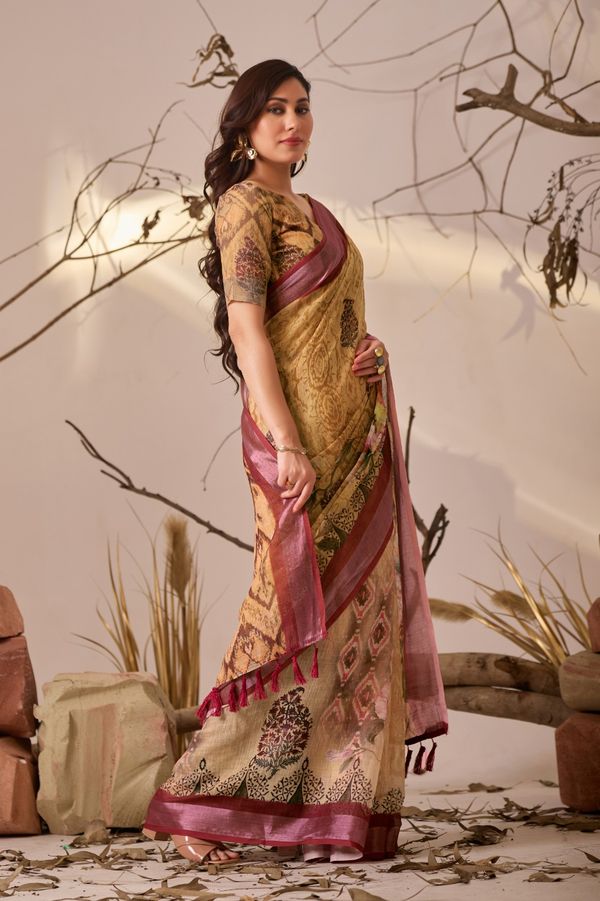 Mustard Floral Printed Linen Cotton Saree With Blouse