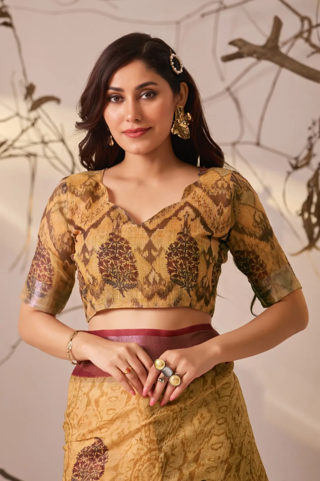 Mustard Floral Printed Linen Cotton Saree With Blouse