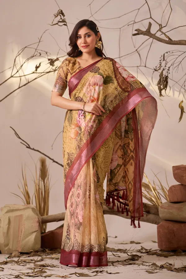 Mustard Floral Printed Linen Cotton Saree With Blouse