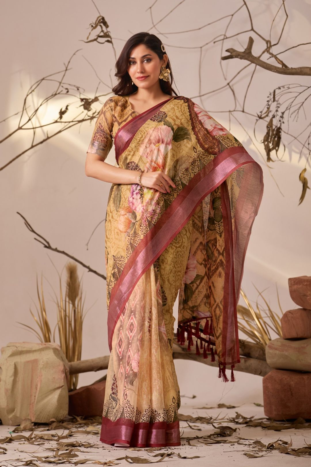 Mustard Floral Printed Linen Cotton Saree With Blouse
