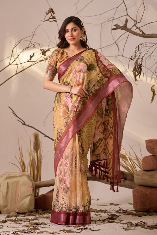 Mustard Floral Printed Linen Cotton Saree With Blouse