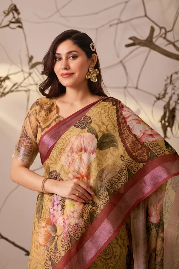 Mustard Floral Printed Linen Cotton Saree With Blouse