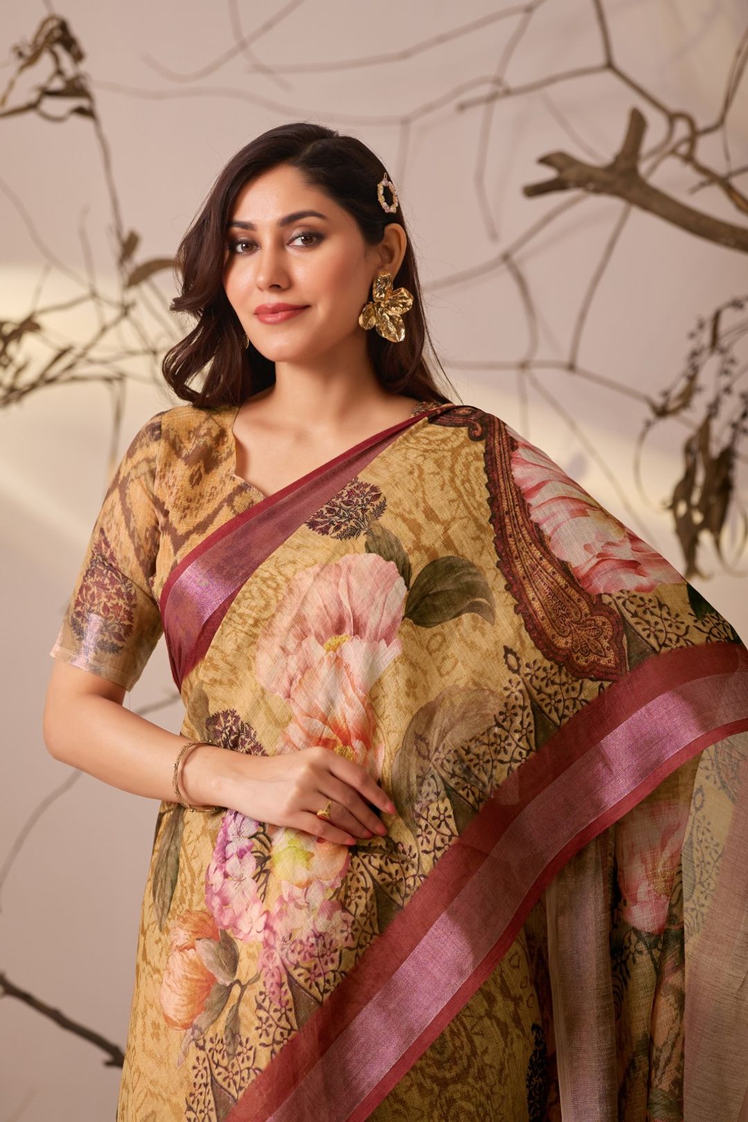 Mustard Floral Printed Linen Cotton Saree With Blouse