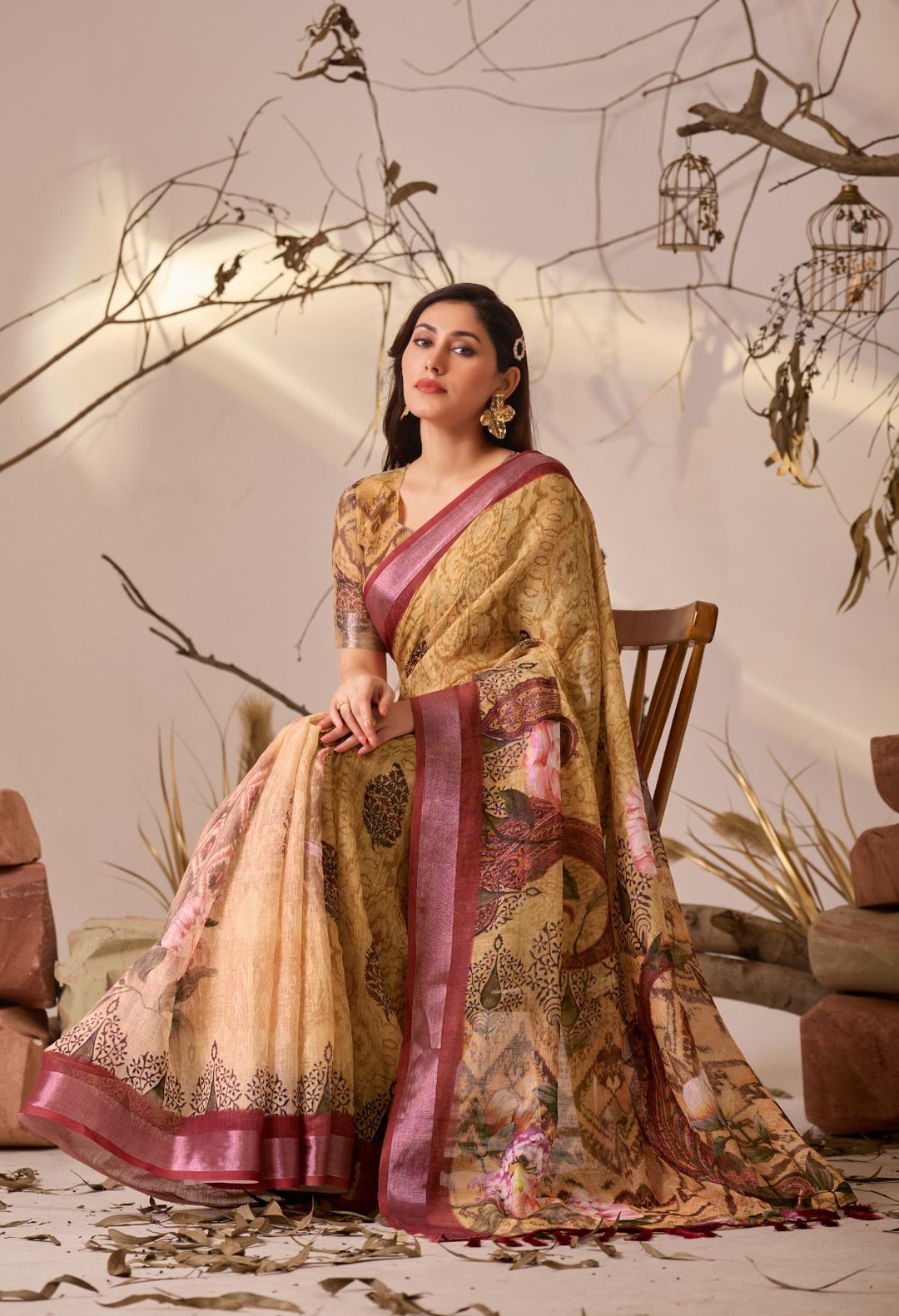 Mustard Floral Printed Linen Cotton Saree With Blouse