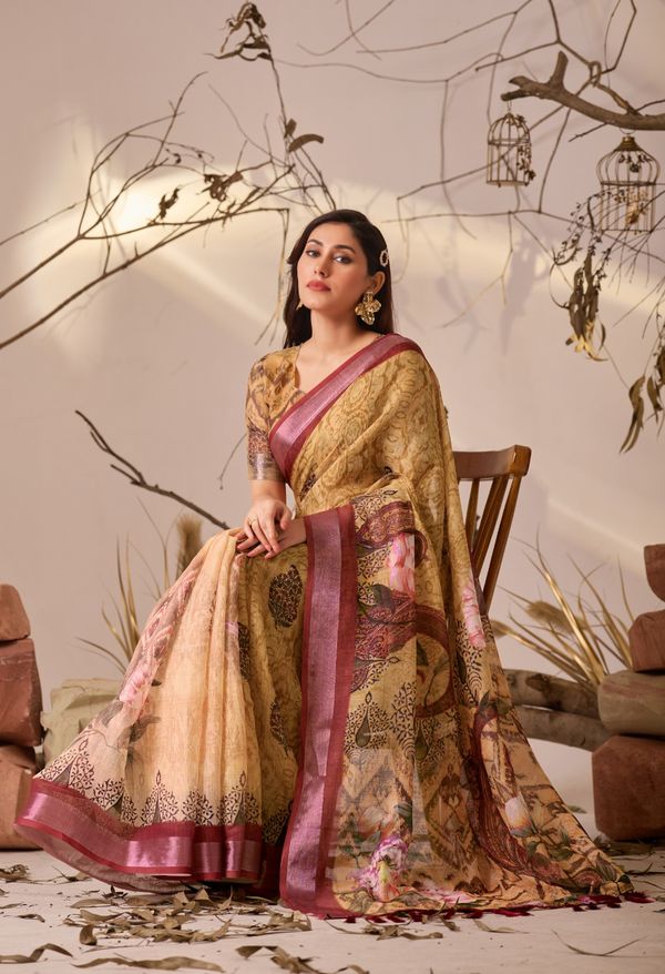 Mustard Floral Printed Linen Cotton Saree With Blouse