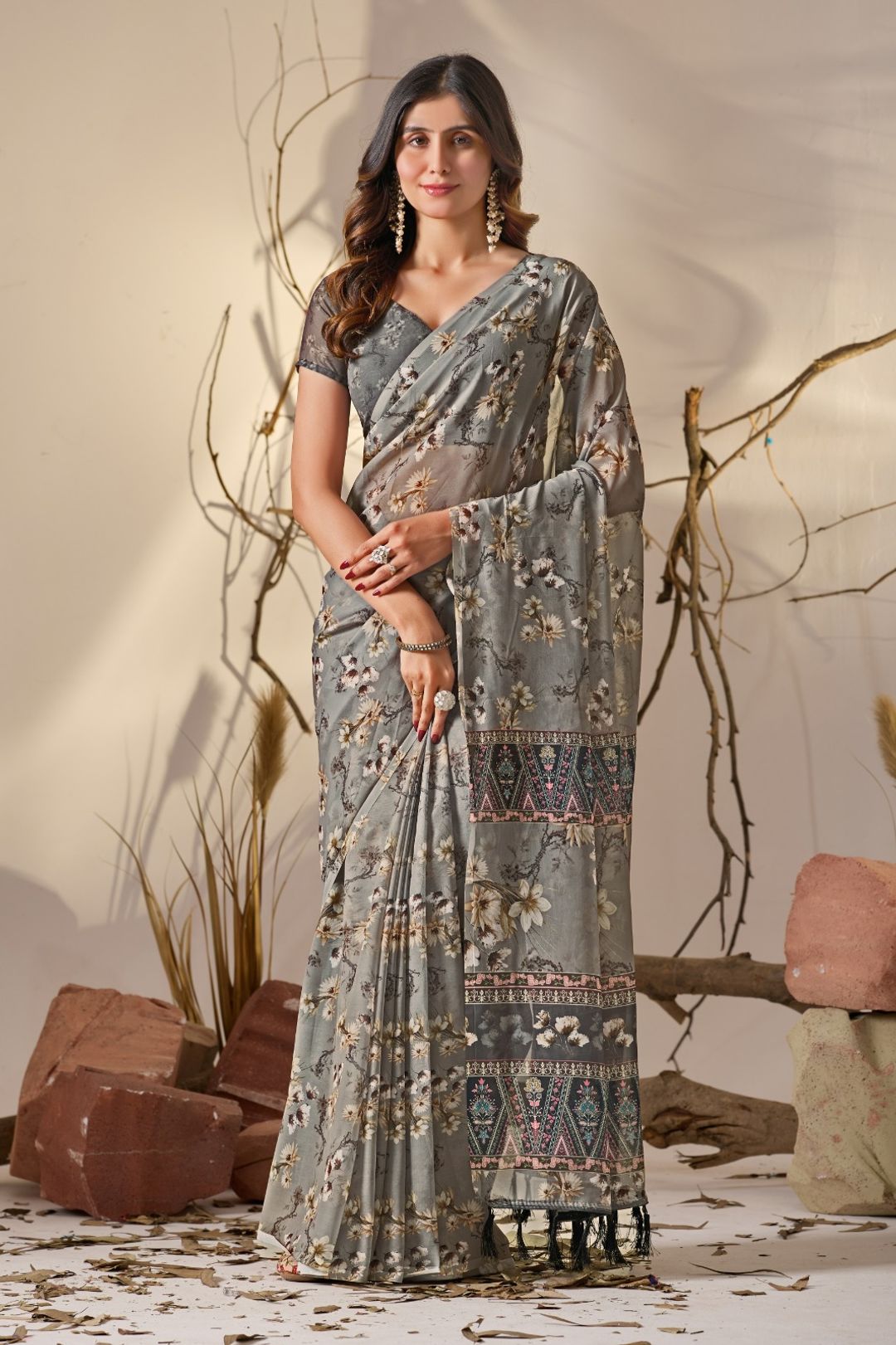 Grey Floral Printed Georgette Saree With Designer Pallu