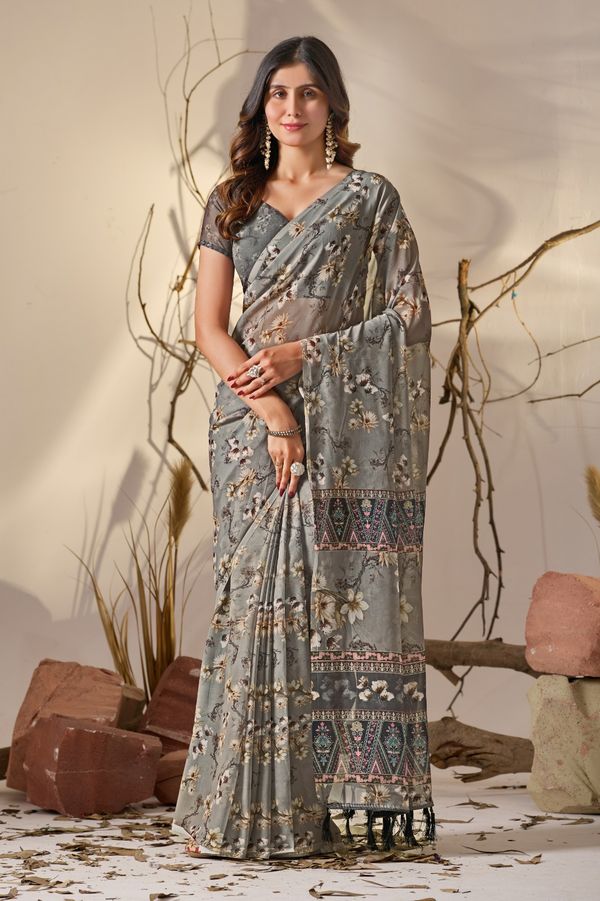 Grey Floral Printed Georgette Saree With Designer Pallu