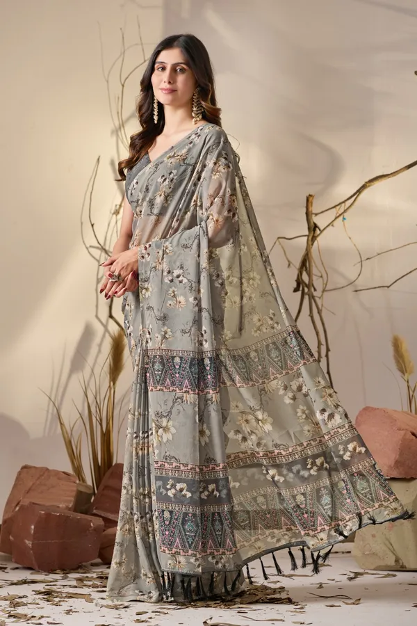Grey Floral Printed Georgette Saree With Designer Pallu