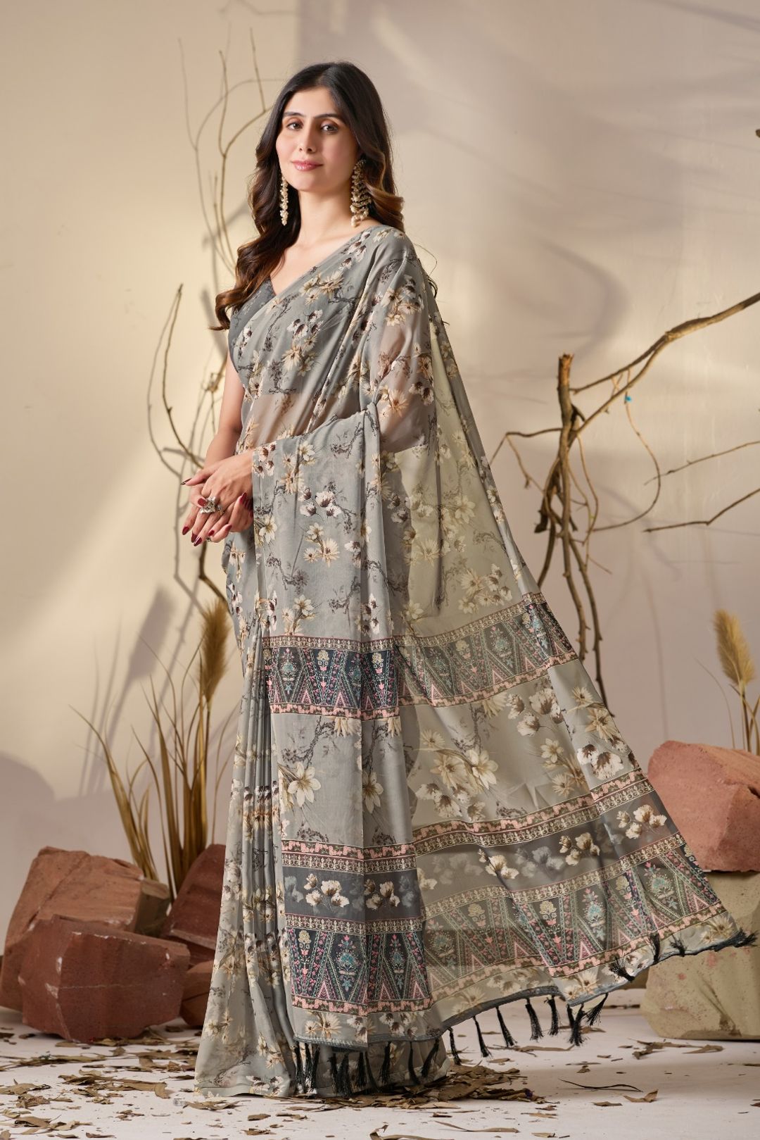 Grey Floral Printed Georgette Saree With Designer Pallu