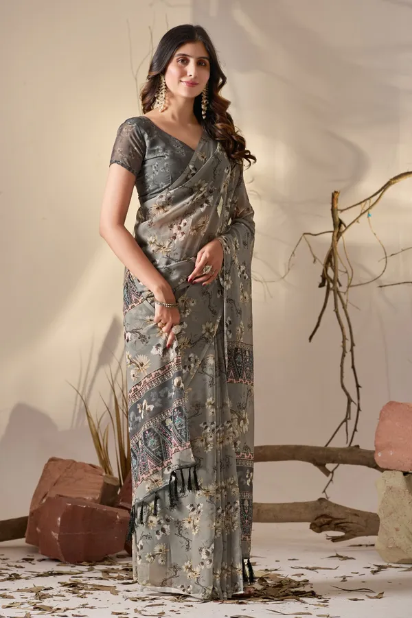 Grey Floral Printed Georgette Saree With Designer Pallu