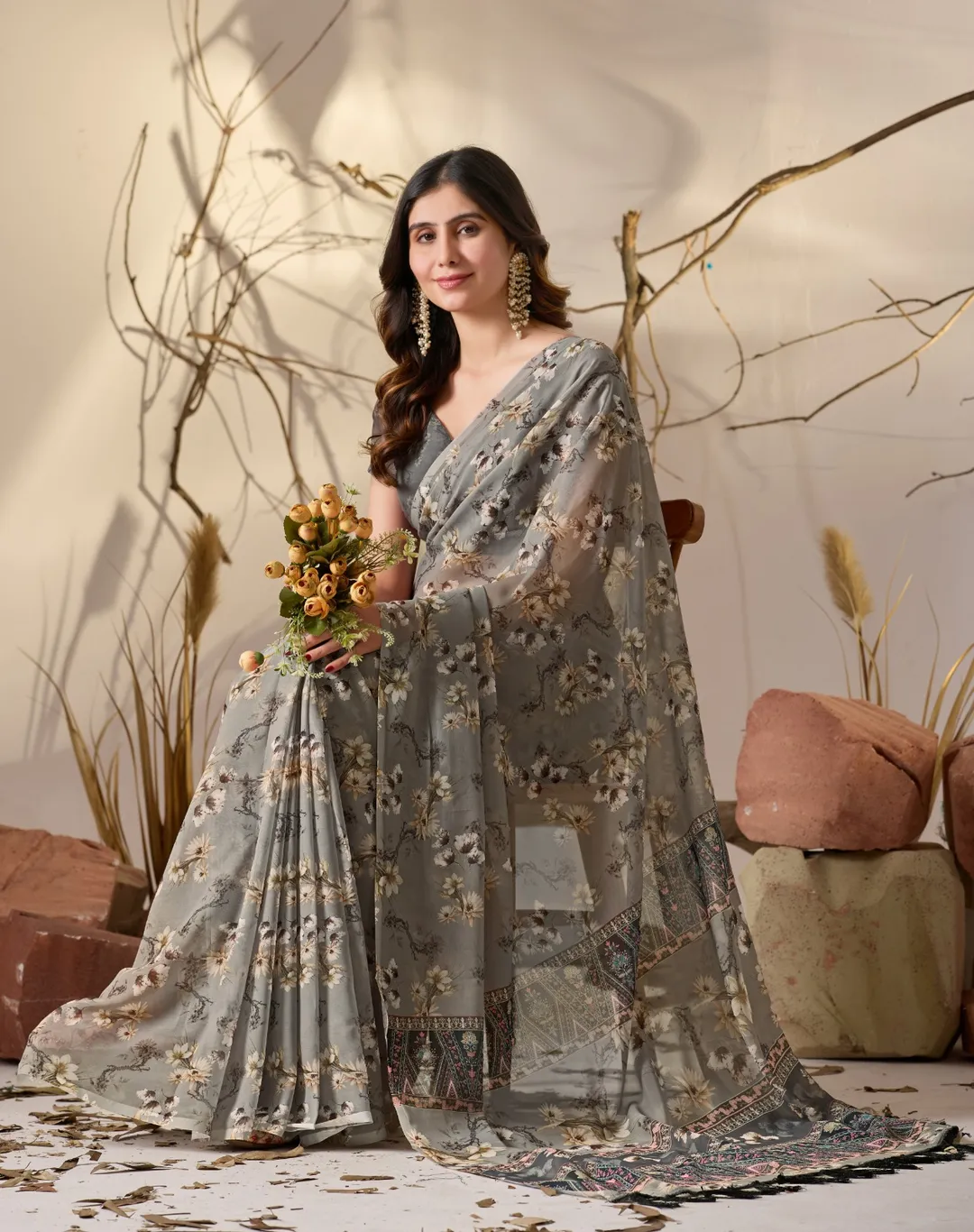 Grey Floral Printed Georgette Saree With Designer Pallu