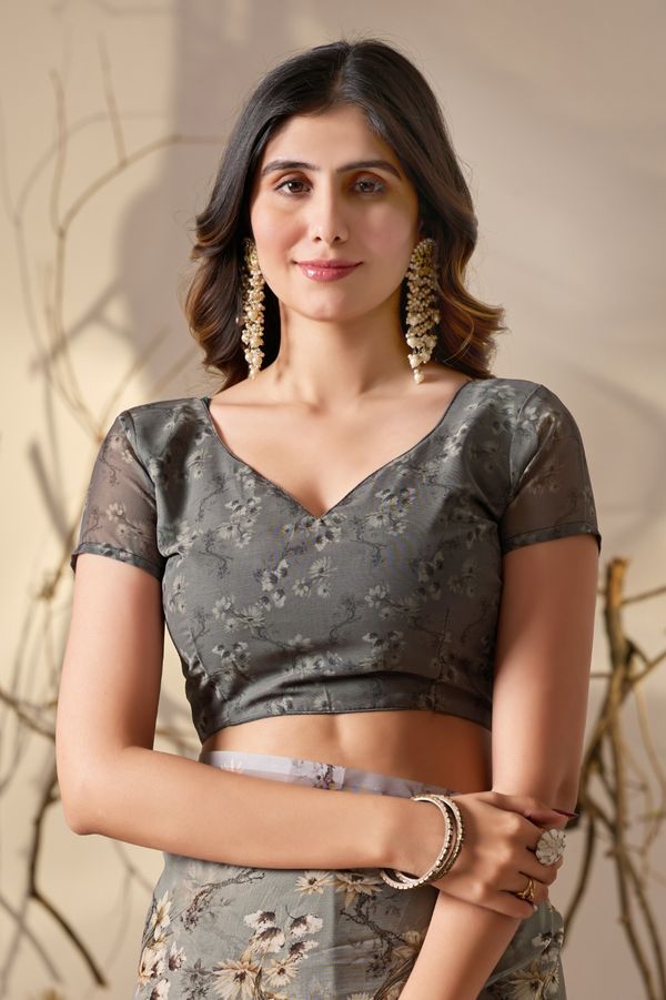 Grey Floral Printed Georgette Saree With Designer Pallu