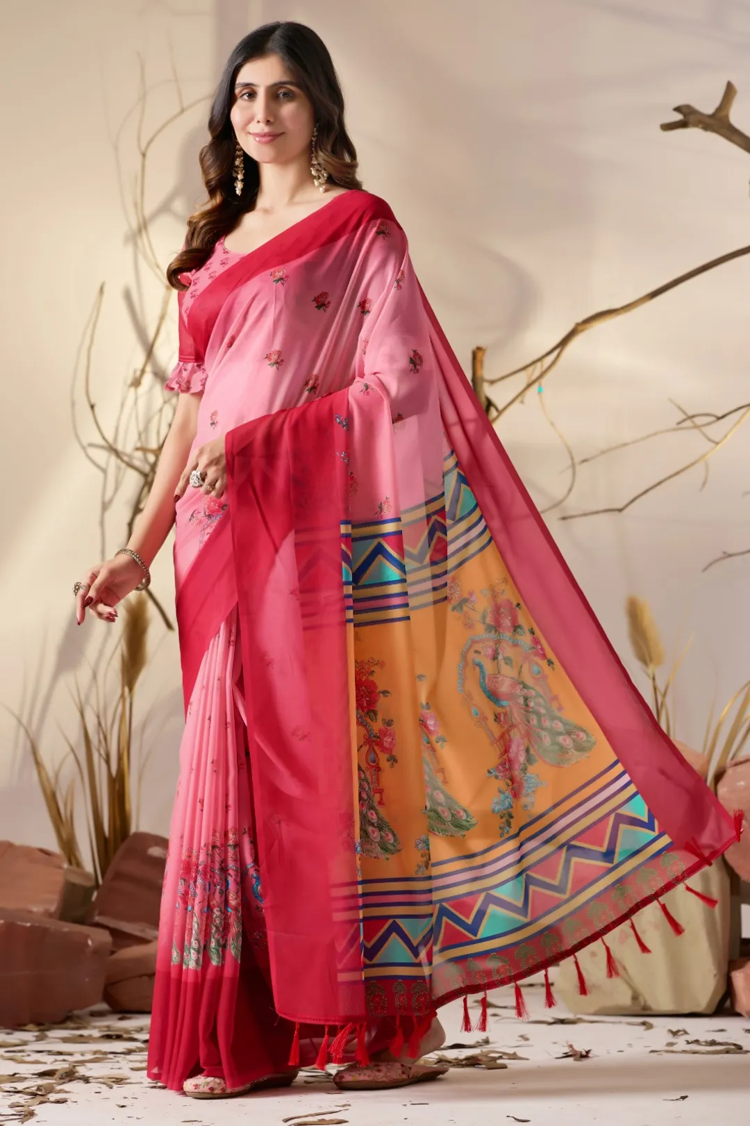 Pink Floral Georgette Saree with Designer Pallu