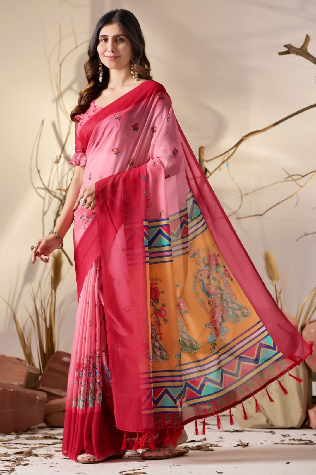 Pink Floral Georgette Saree with Designer Pallu